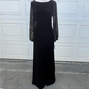 Women's Alex Evenings long Cocktail Dress Black Velvet Sequin Sleeve Sheath 6